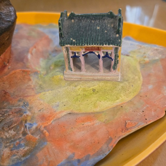 Vintage Chinese Shiwan Mud Man Sage Figurine Driftwood Pagoda Diorama Blue Glaze - Picture 9 of 12